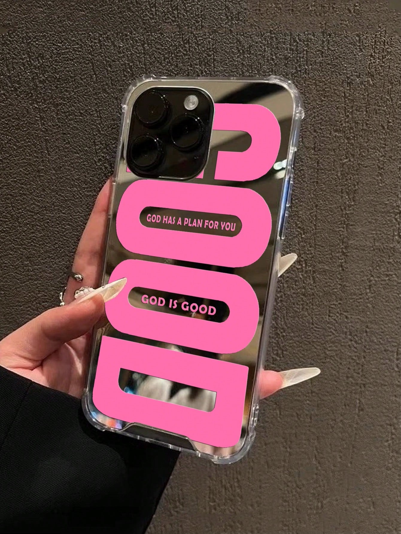 Pink "GOOD" Slogan Shockproof Mirror Acrylic Phone Case, Compatible With IPhone 13/11/17/17pro/16/14/15/15pro/15 Plus/15 Promax/13pro/14pro/12mini/13mini/11promax/12promax/13promax/14promax/14plus/17p