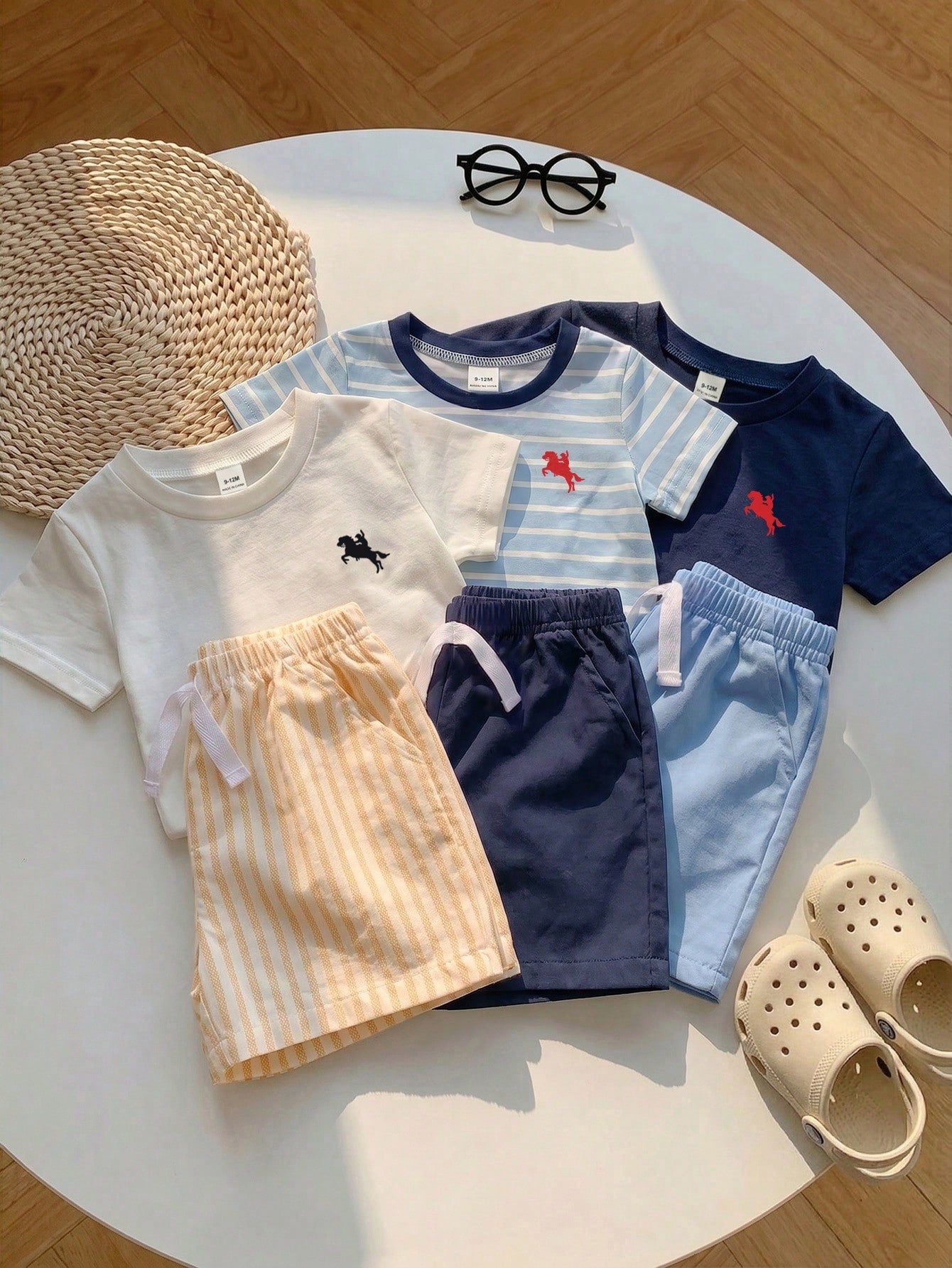 Playful Pals 3Sets Toddler Baby Boys Kids Chic Sporty Striped Solid Horse Embroidery Short Sleeve Crew Neck Shorts Soft Two Piece Clothing Outfits Sets Summer Top