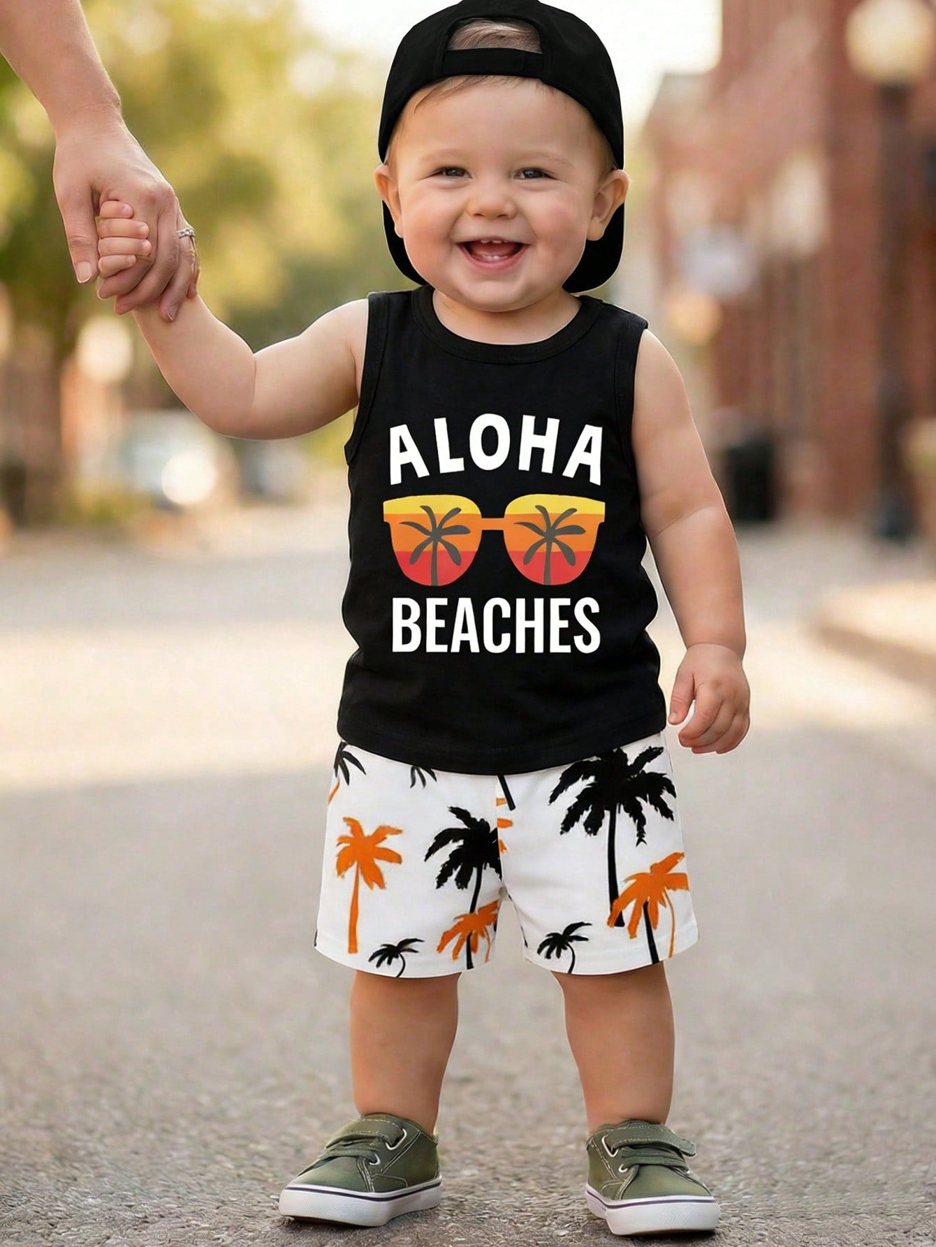 Playful Pals Baby Boy 3-Piece Outfit: Sunglasses, Letter Print Tank Top, Palm Tree Print Shorts, Suitable For Summer Outings