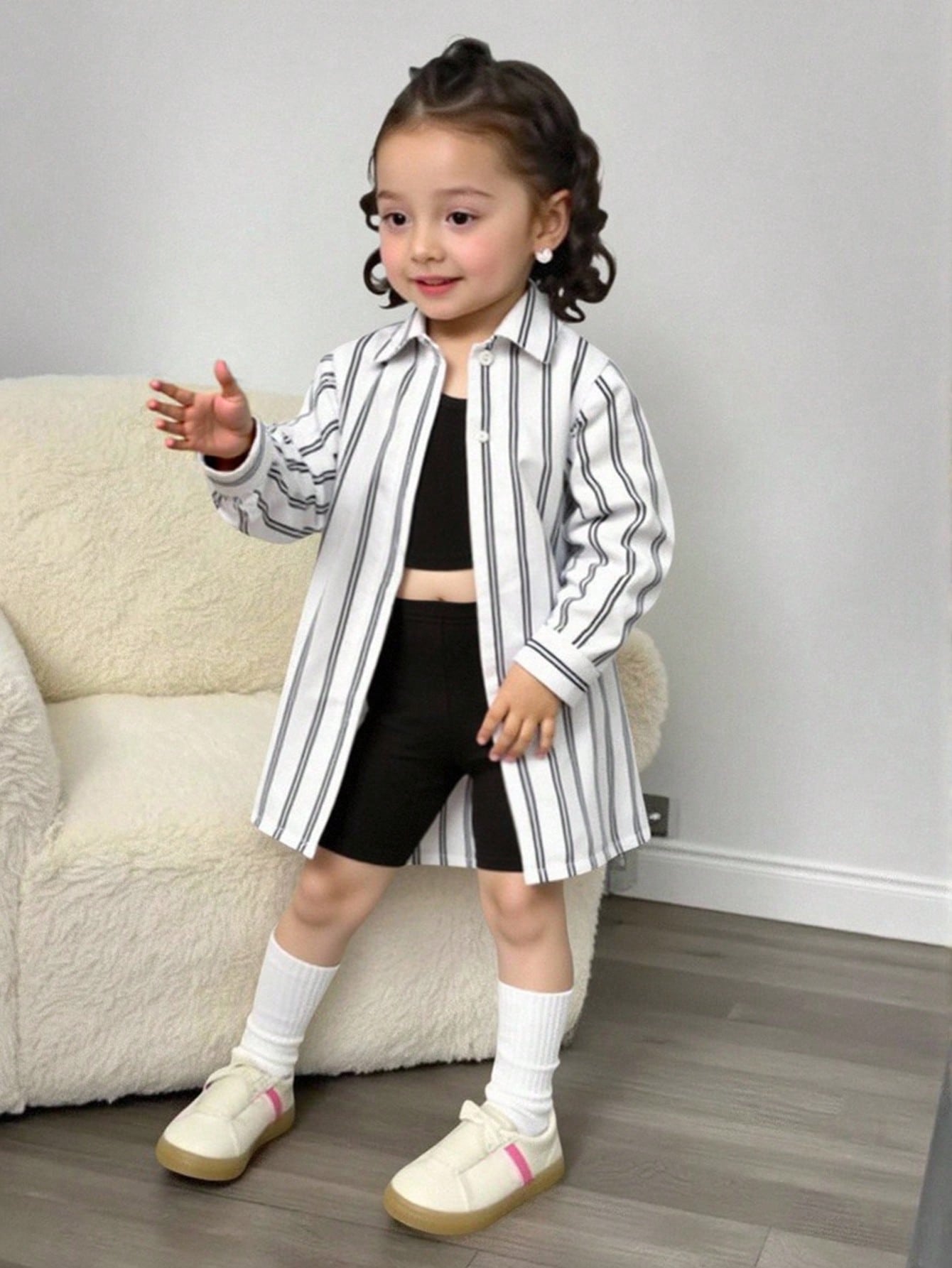 Playful Pals Baby Girl 3-Piece Set Casual Black And White Striped Long Sleeve Jacket Camisole And Shorts Summer Vacation Soft Outfits For School & Daily Wear