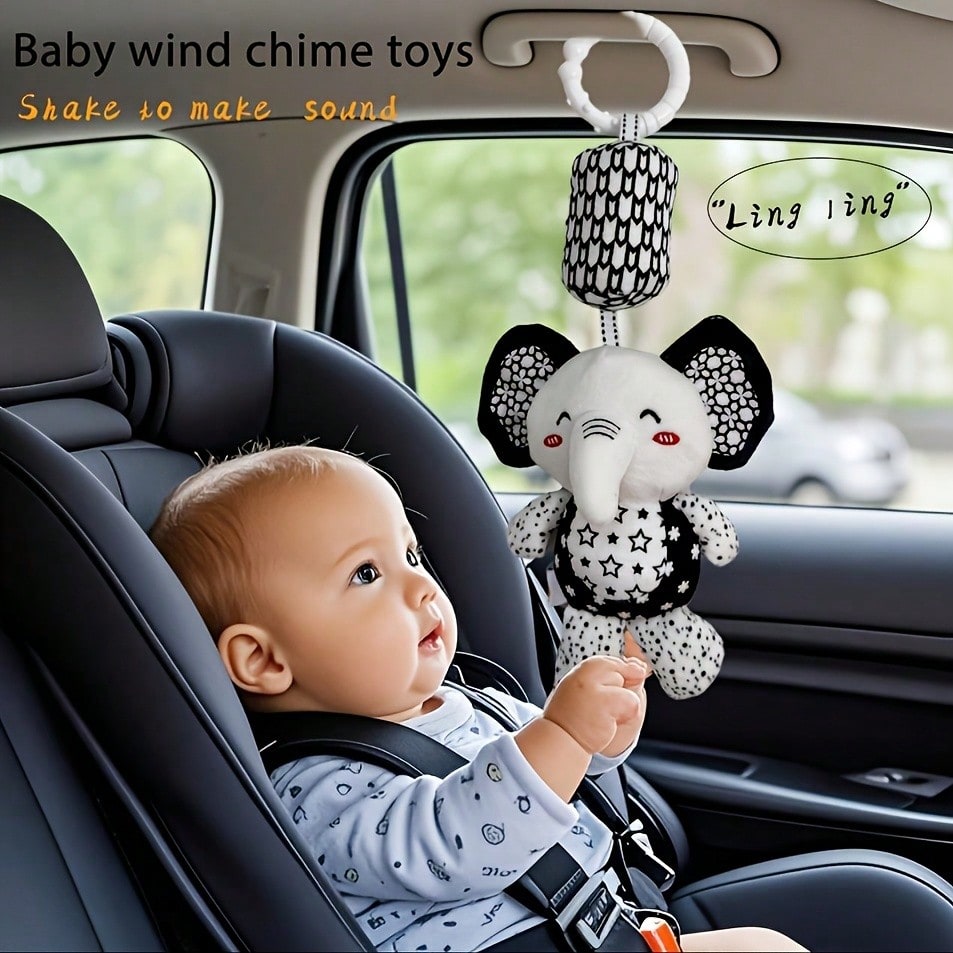 Plush Baby Toys With Portable Hanging Ring, Black & White Rattle Toy- Stroller Wind Chimes Plush Rattle Doll, Suitable For Car Seat- Ideal Gifts For 0-3-6-9-12 Month Baby Boys & Girls, Newborn Toys