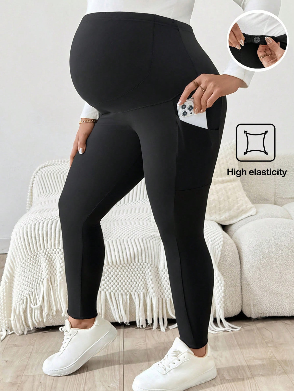 Plussiva Plus-Size Maternity Casual Black Slim-Fit Pants,Maternity Leggings With Pockets,Sommar Gym Style,Comfortable Form-Fitting High Elasticity Belly Wear