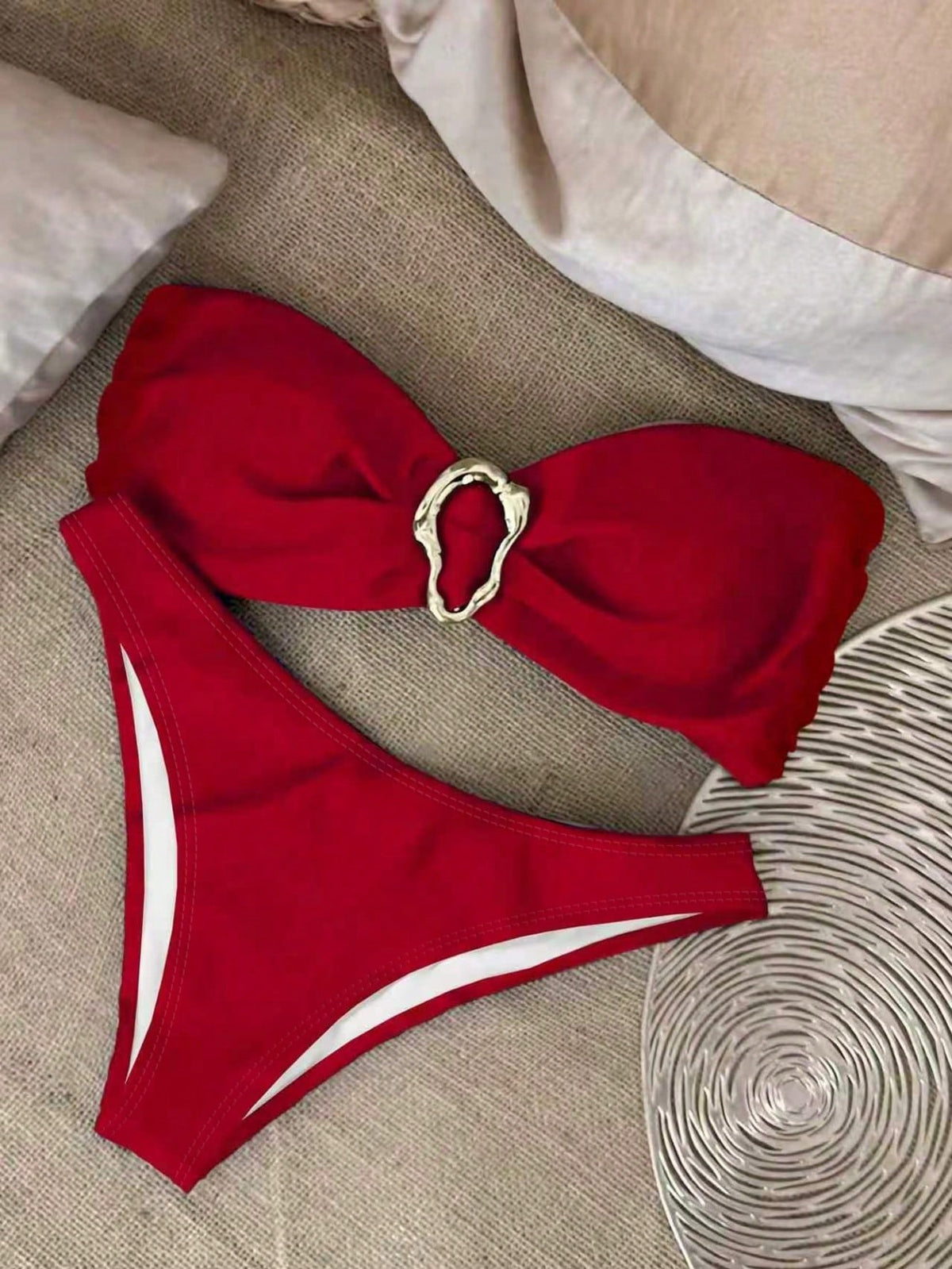 Polovedo Official Red Solid Color Sexy Elegant Casual Beach Holiday Party Date Strapless Bikini Set, Spring/Summer Vacation