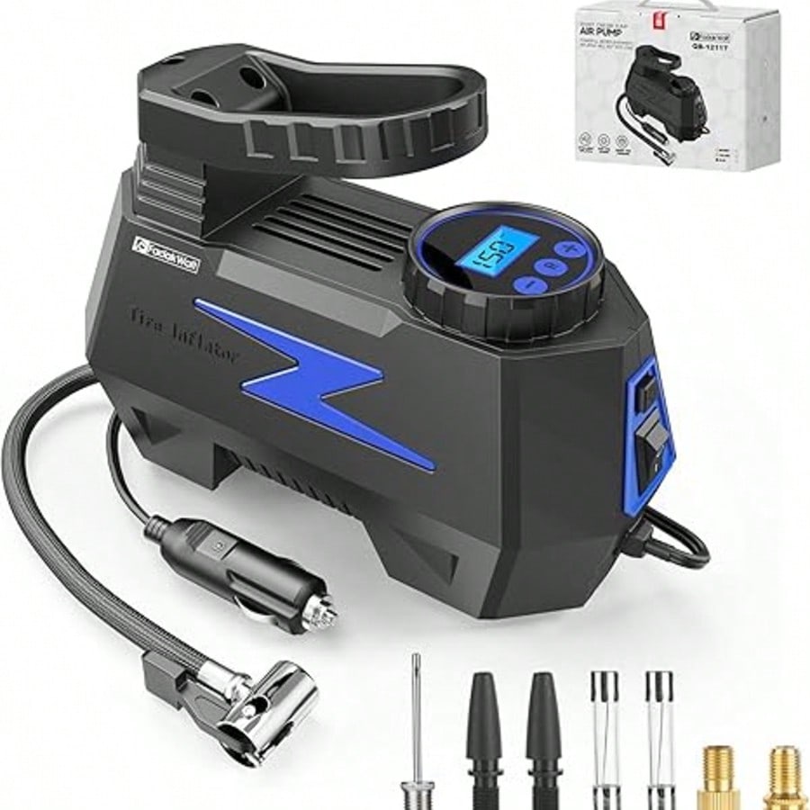 Portable Car Air Compressor Tire Inflator 12V, FADAKWALT Handheld Electric Air Pump With Digital Pressure Gauge & LED Light For Car, Motorcycle, Bicycle And Emergency Use