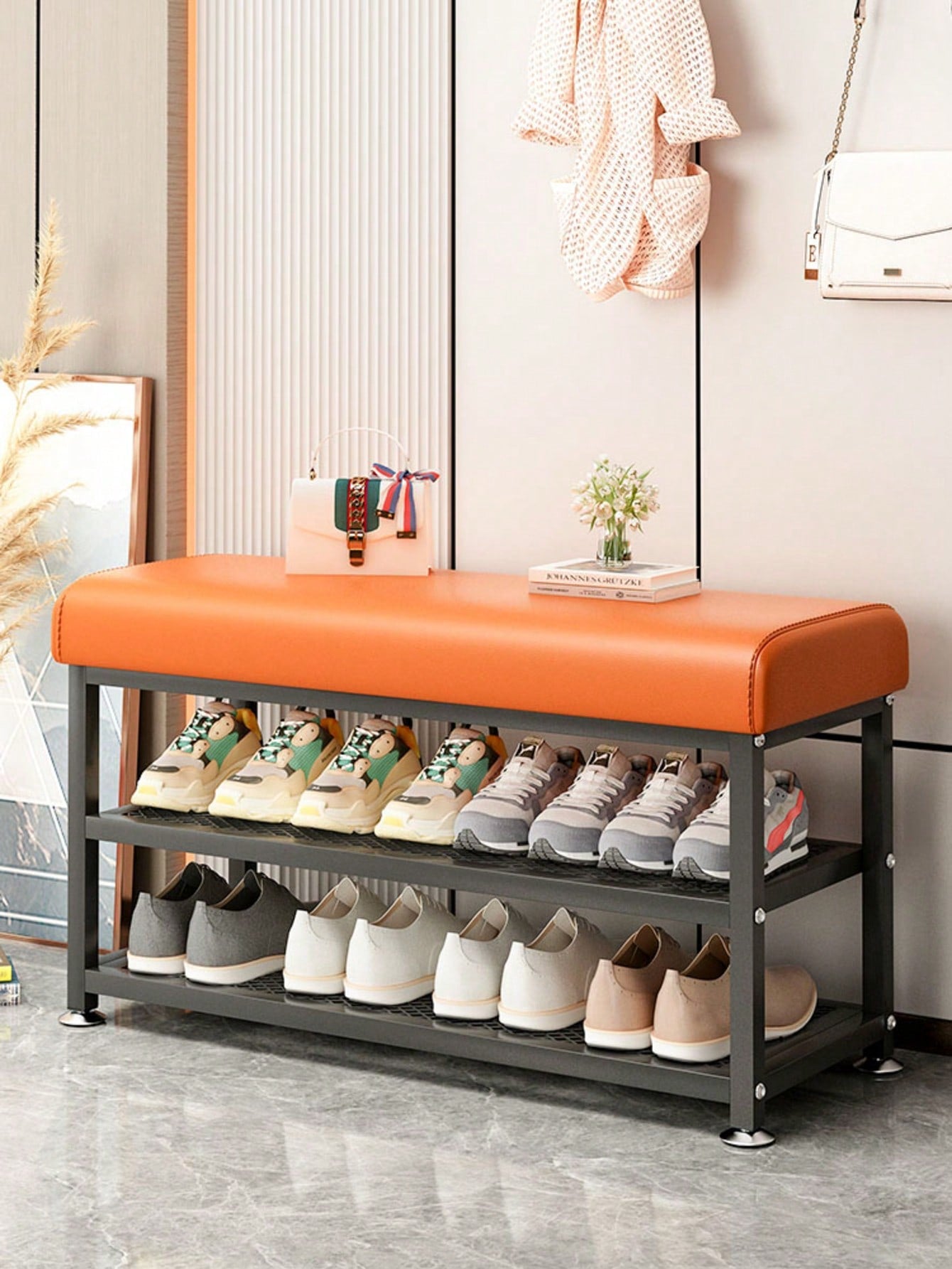PQSQRJU Storage Bench, Shoe Changing Stool With Metal Frame, Cushioned Seat Shoe Bench, Multi-Compartment Organizer Rack For Bedroom, Hallway Entrance