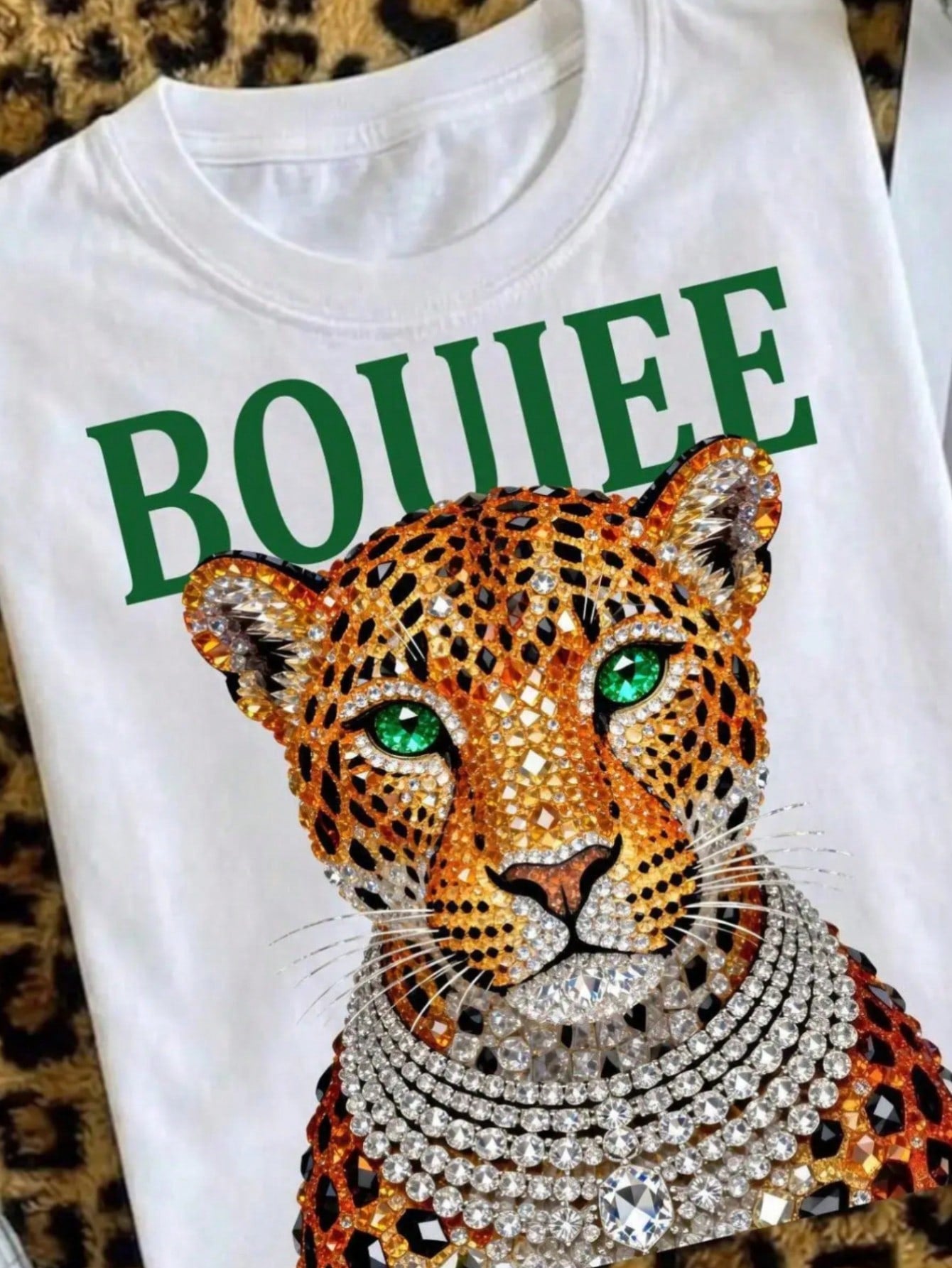Pure Cotton Loose Fit Boujee Leopard Print T Shirt With Rhinestone Print Embellished Animal Design Glamorous Sparkly Graphic Tee For Women Fashion Ca