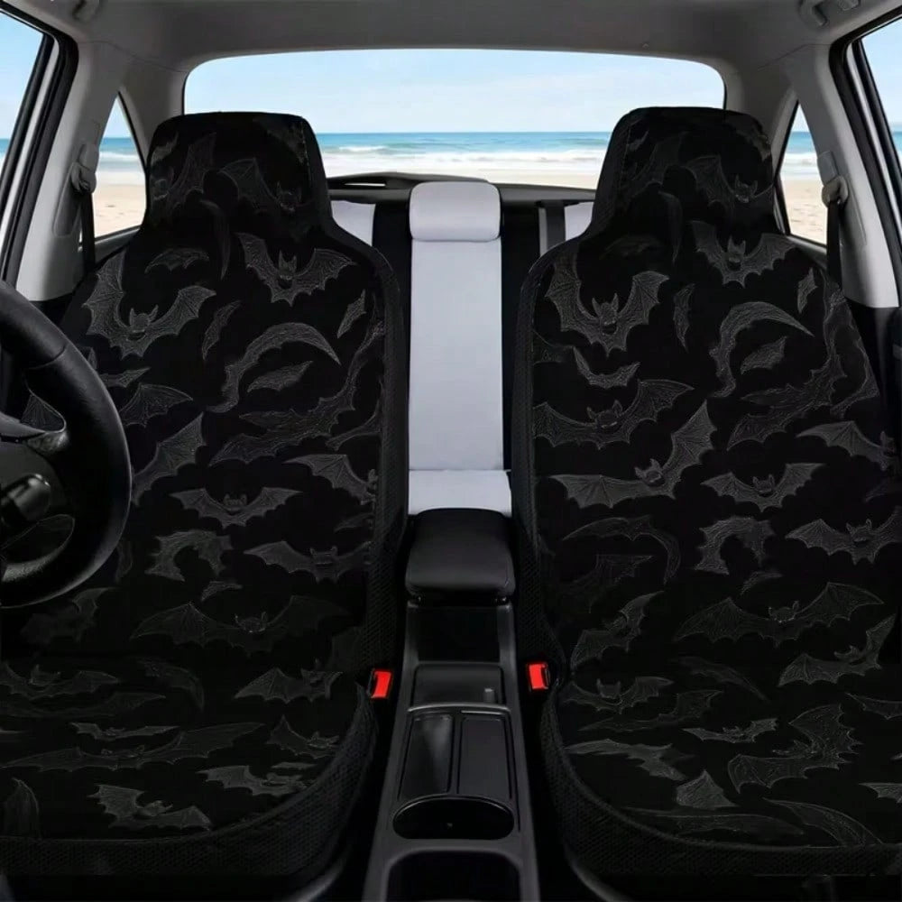 Set Of 2 Flat Printed Car Seat Covers Featuring Halloween Flying Bats, Designed To Fit Front Seats Of Cars, Suvs, And Trucks. Made With Durable Fabric, Suitable For Both Men And Women, These Covers En