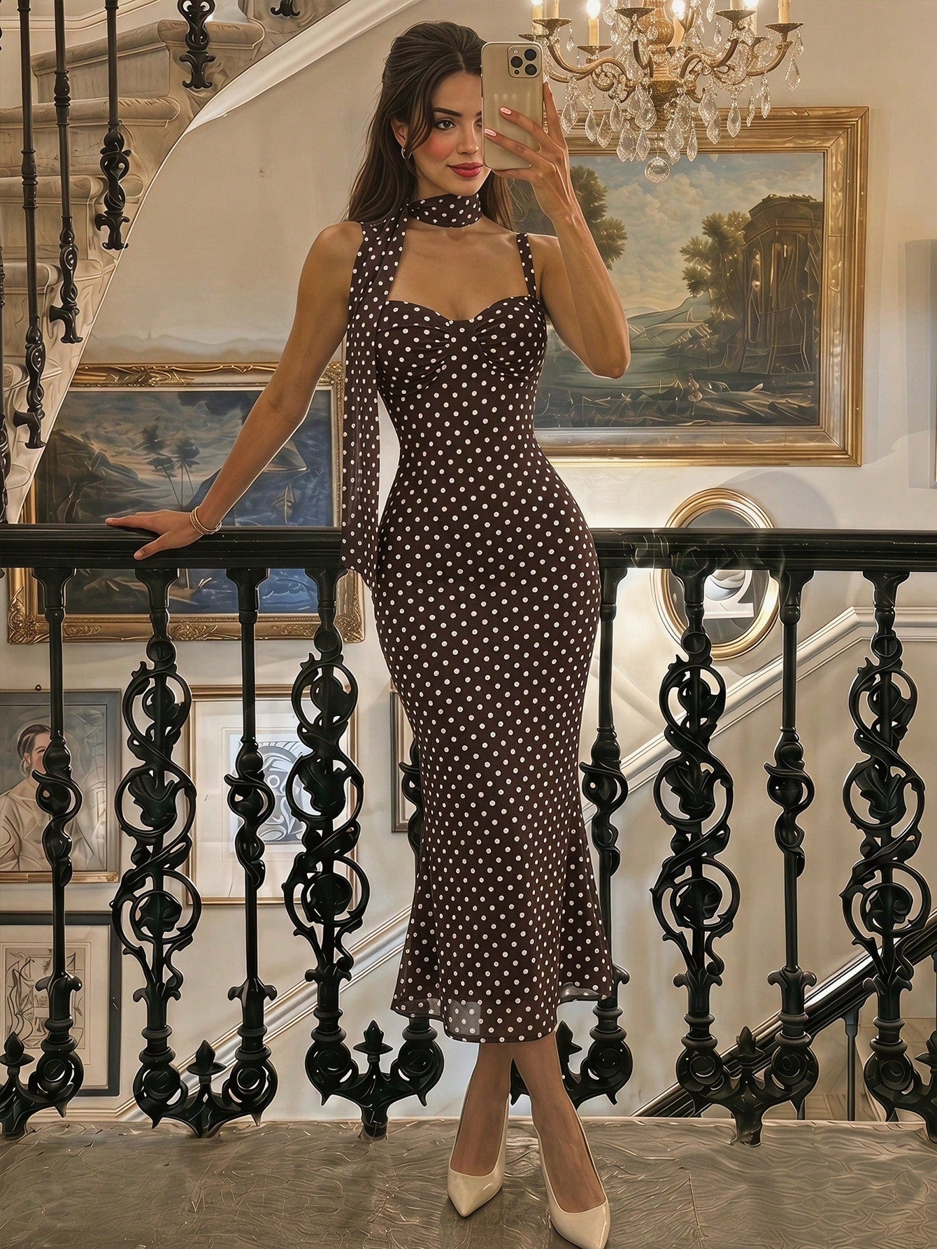 Skyraze Women's Brown And White Polka Dot Ruched Bust Mermaid Midi Dress With Sash, Summer, Vacation, Wedding Dinner Date Party, Going Out, Birthday, Prom