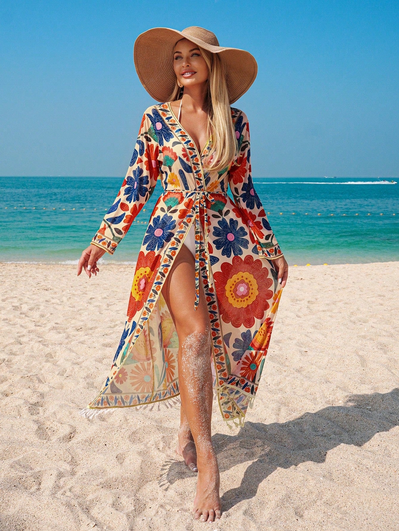 Swim Lushoire Women's Floral Print Kimono Cover Up With Detachable Belt, Suitable For Beach, Party, Vacation