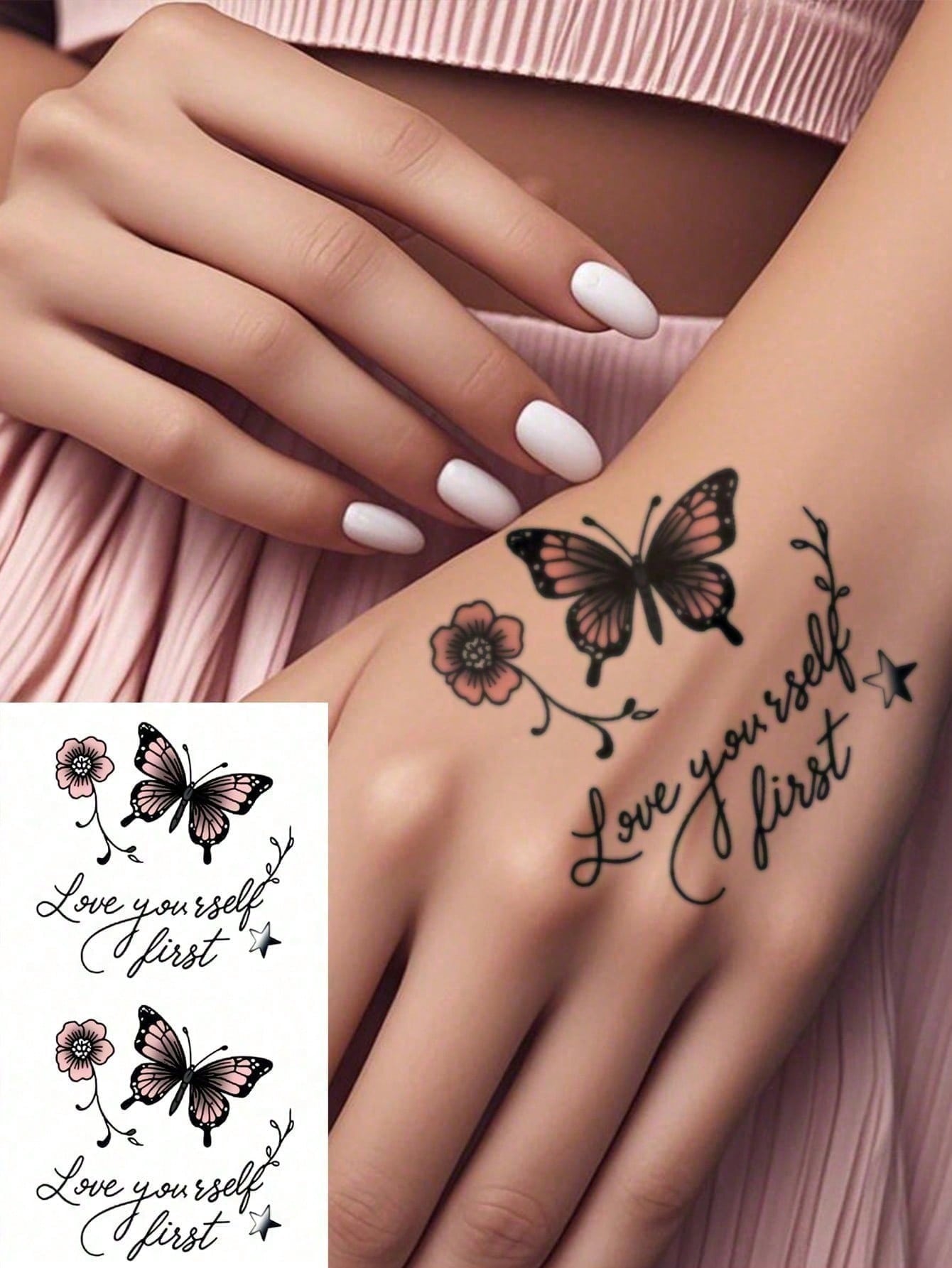 Temporary Tattoo Stickers Waterproof Reusable Body Art For Women, Pink Butterfly And Flower Design For Arm, Leg, Shoulder, Beach, Party, Everyday Style