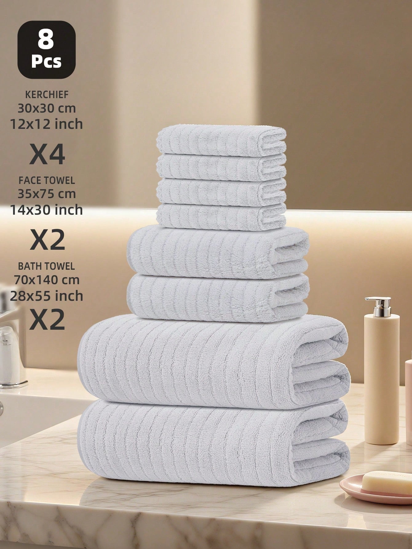 This 8-Piece Towel Set Includes 2 Bath Towels, 2 Hand Towels, And 4 Face Towels. The Towels Are Soft, Highly Absorbent, And Quick-Drying, Suitable For Bathrooms, Gyms, Hotels, And Spas. It Also Makes