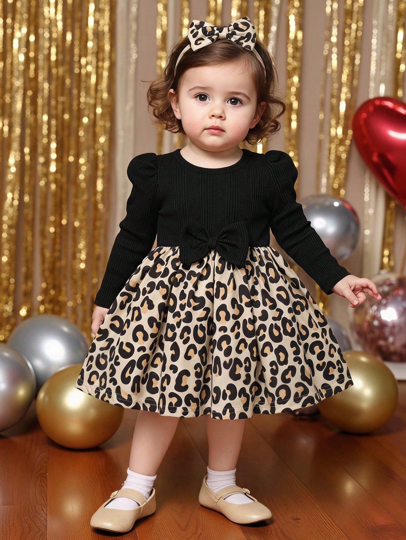 Vintaside Kids Baby Girl Casual Leopard Print Pattern Asymmetrical Fuzzy Long Sleeve Ribbed Dress, Autumn