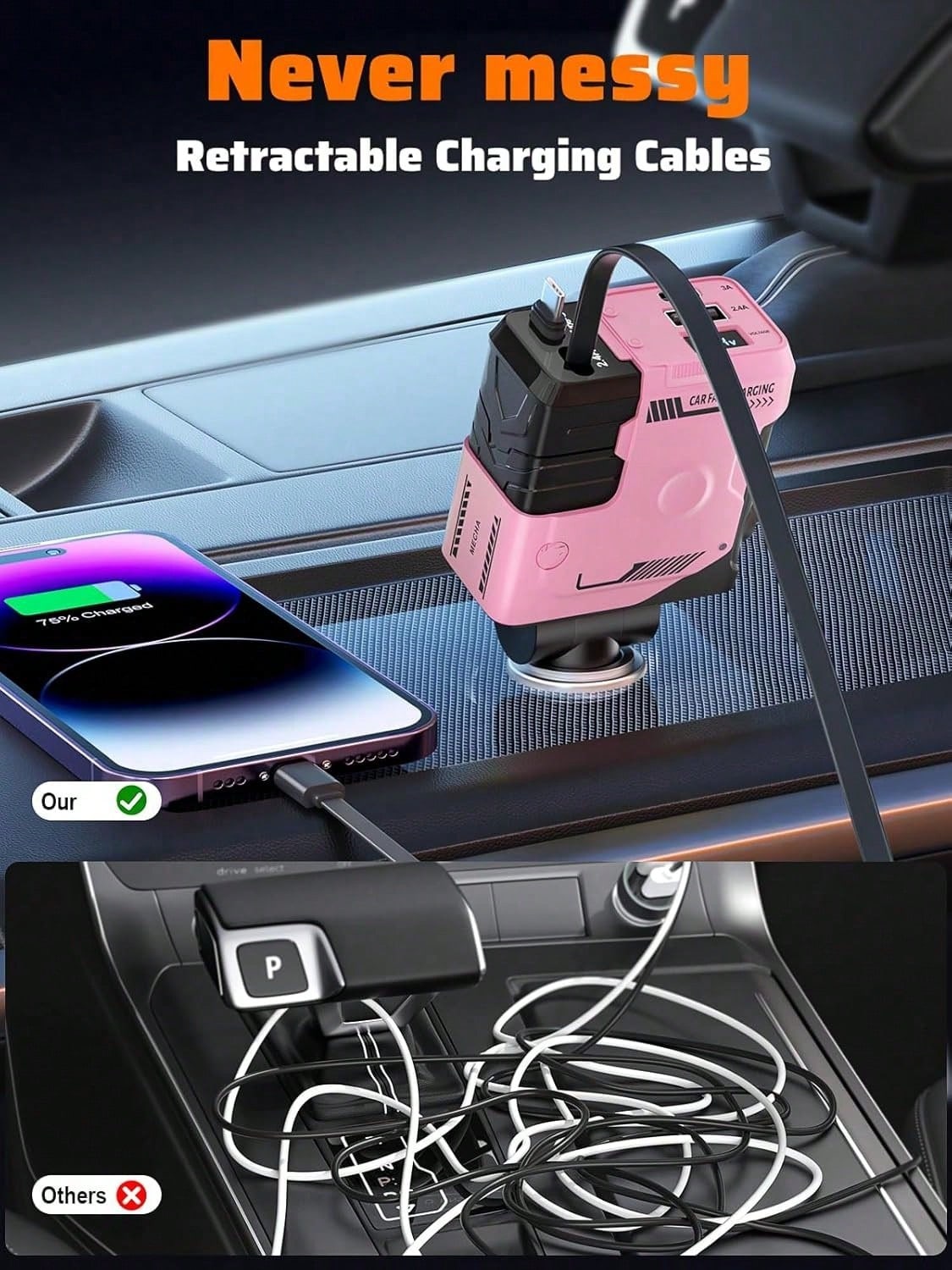 W&O 4 In 1 Retractable Car Fast Charger In Mech-Style 65W Charger Car Charger With Retractable Cablea And Multi-Port Usb C Holiday Gifts,Car Essential,Room Decor,Compatible With Iphone,Halloween Gift