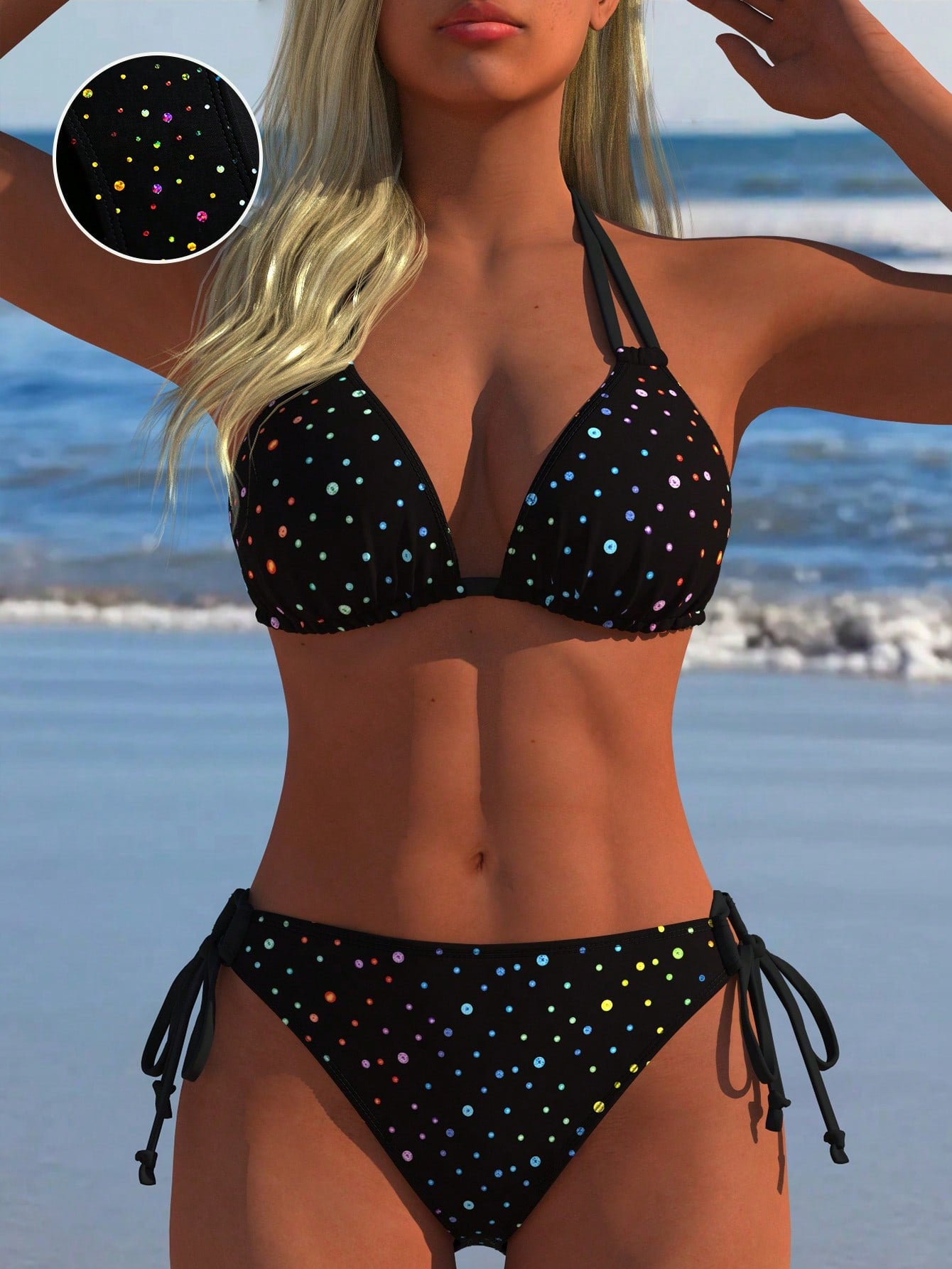 Women's Sexy Halter Bikini Set, Colorful Polka Dot Print Two Pieces Swimwear, Beach New Style, Vacationcore Black Summer