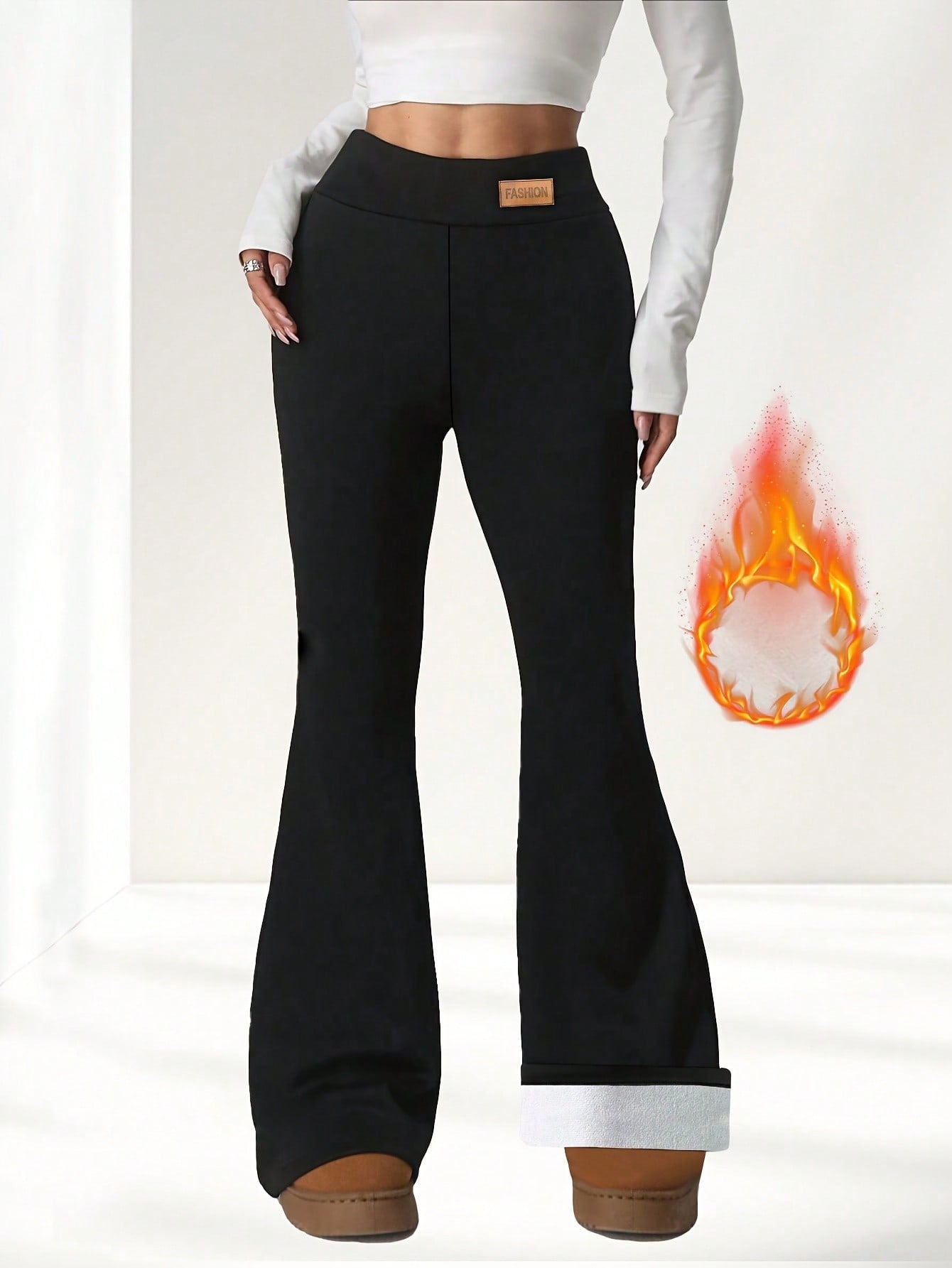 Women's Thick Flared Leggings, Black Winter Base Layer Pants, Suitable For Casual Wear, Warm Flared Design Long Pants, Fashionable Comfortable And Fitted