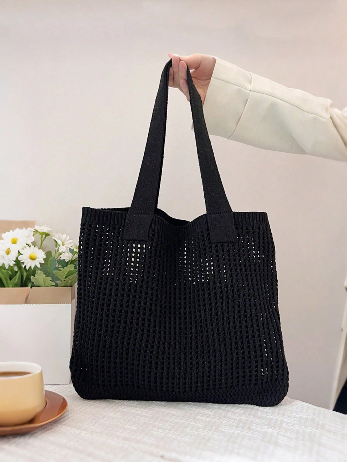 Yogodlns New Summer Women's Vintage Vacation Style Handmade Woven Shoulder Strap Crochet Large Capacity Tote Bag, Hollow Knit Tote Bag, Holiday Style