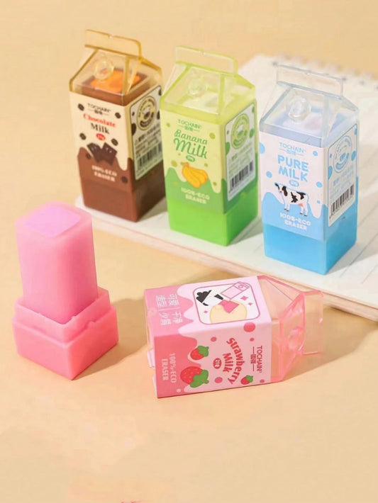 1/2/4/24pcs Milk Erasers, Mini Banana Chocolate Milk Carton Shaped, Low Dust PVC Material, For Pencil Cleaning, Suitable For Back To School Students, Graduation Season, Office