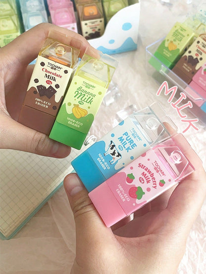 1/2/4/24pcs Milk Erasers, Mini Banana Chocolate Milk Carton Shaped, Low Dust PVC Material, For Pencil Cleaning, Suitable For Back To School Students, Graduation Season, Office