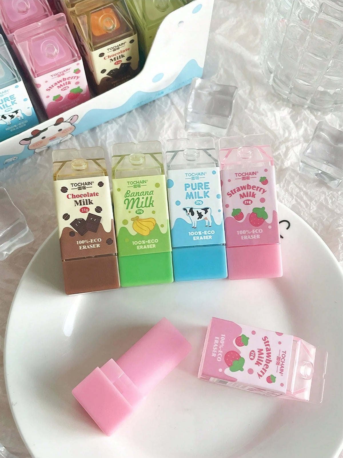 1/2/4/24pcs Milk Erasers, Mini Banana Chocolate Milk Carton Shaped, Low Dust PVC Material, For Pencil Cleaning, Suitable For Back To School Students, Graduation Season, Office