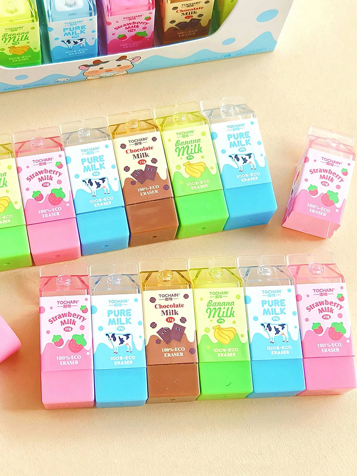 1/2/4/24pcs Milk Erasers, Mini Banana Chocolate Milk Carton Shaped, Low Dust PVC Material, For Pencil Cleaning, Suitable For Back To School Students, Graduation Season, Office