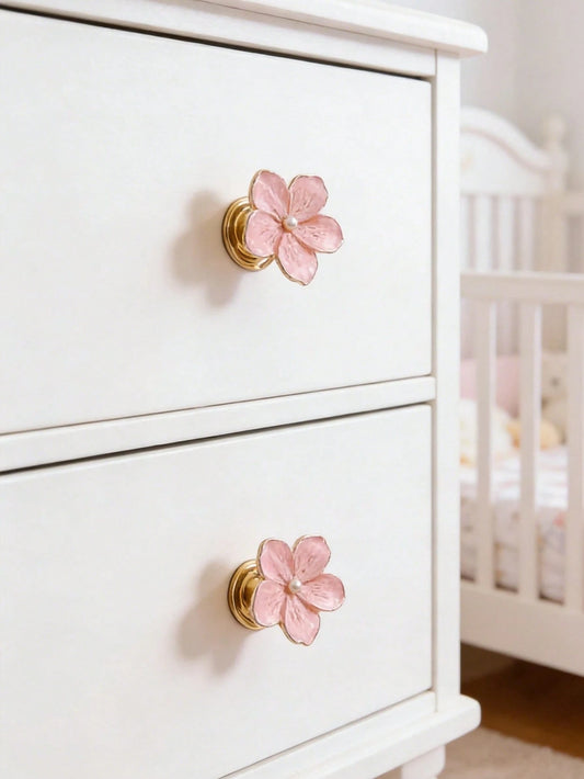 1/2/4Pcs Gold Rim Cherry Blossom Pearl Knob Girly Kids Room Desk Storage Drawer Creative Flower Decor Pull Handle