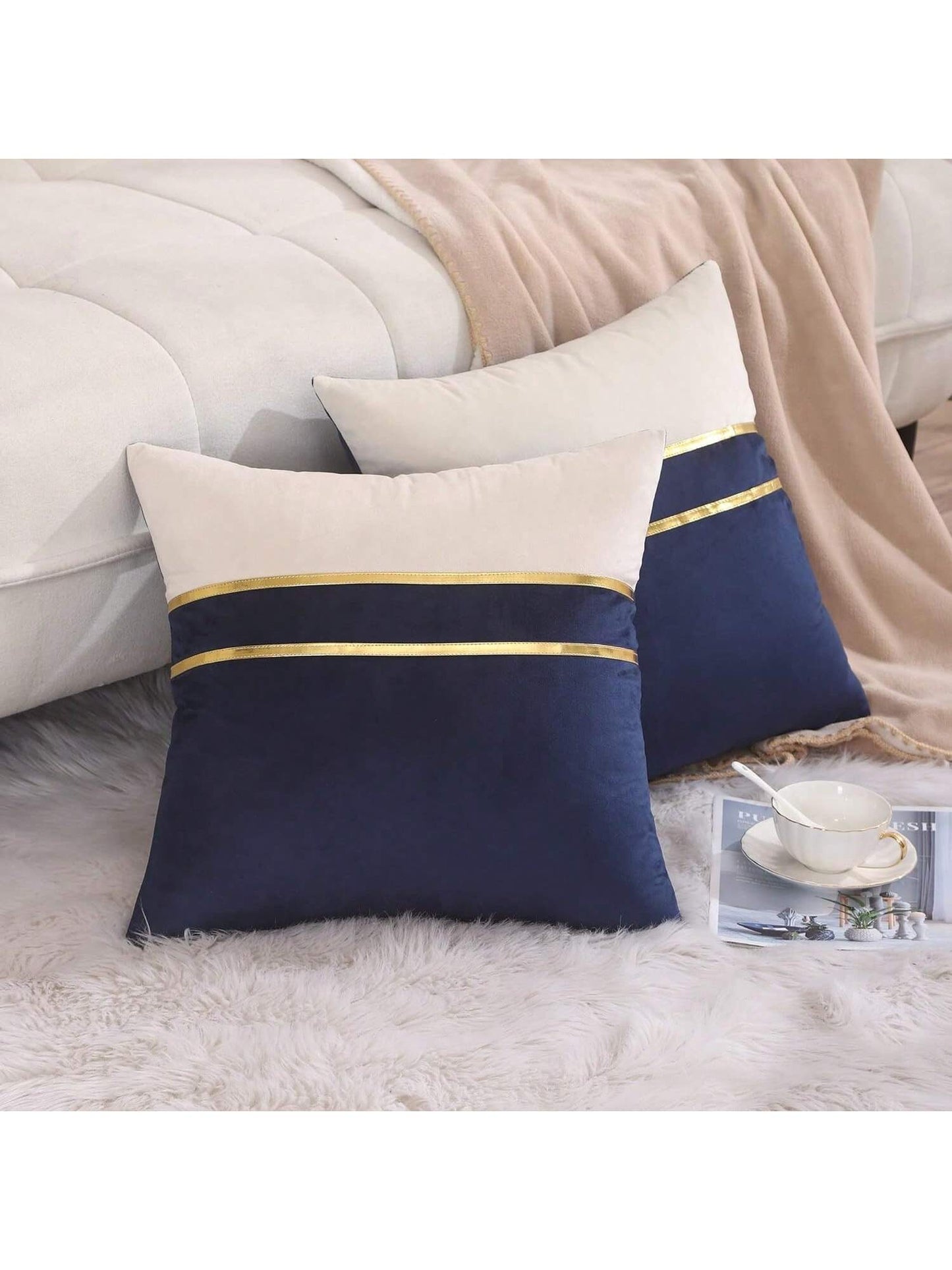 1/2pcs Blue & White Velvet Patchwork Gold Leather Striped Throw Pillow Cover, Square Cushion Case, Holiday Home Decor Pillow, Soft & Comfortable Fabric, Modern Decor For Sofa, Bedroom, Dorm