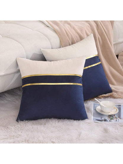 1/2pcs Blue & White Velvet Patchwork Gold Leather Striped Throw Pillow Cover, Square Cushion Case, Holiday Home Decor Pillow, Soft & Comfortable Fabric, Modern Decor For Sofa, Bedroom, Dorm