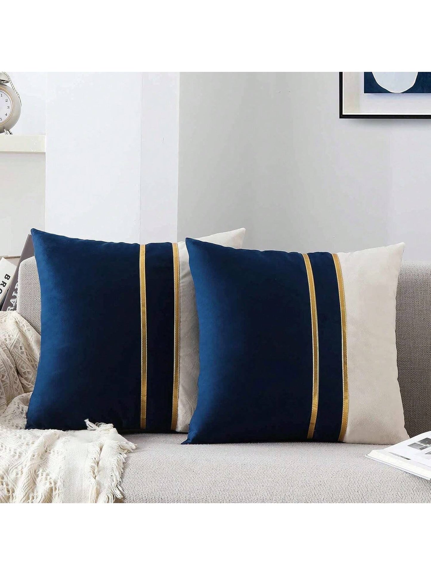 1/2pcs Blue & White Velvet Patchwork Gold Leather Striped Throw Pillow Cover, Square Cushion Case, Holiday Home Decor Pillow, Soft & Comfortable Fabric, Modern Decor For Sofa, Bedroom, Dorm