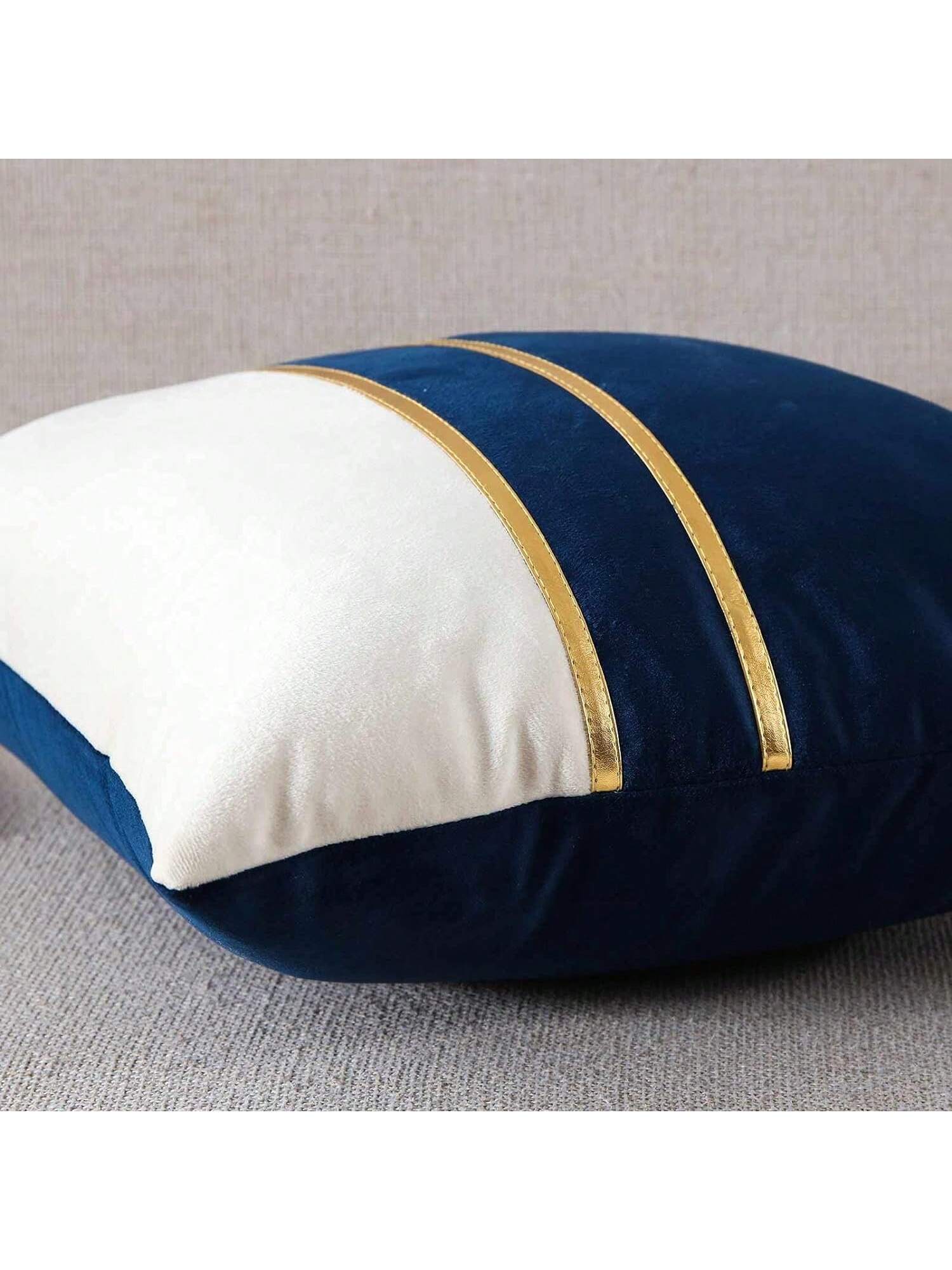 1/2pcs Blue & White Velvet Patchwork Gold Leather Striped Throw Pillow Cover, Square Cushion Case, Holiday Home Decor Pillow, Soft & Comfortable Fabric, Modern Decor For Sofa, Bedroom, Dorm