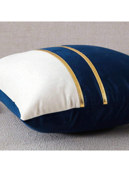 1/2pcs Blue & White Velvet Patchwork Gold Leather Striped Throw Pillow Cover, Square Cushion Case, Holiday Home Decor Pillow, Soft & Comfortable Fabric, Modern Decor For Sofa, Bedroom, Dorm