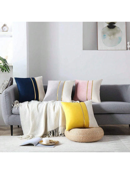 1/2pcs Blue & White Velvet Patchwork Gold Leather Striped Throw Pillow Cover, Square Cushion Case, Holiday Home Decor Pillow, Soft & Comfortable Fabric, Modern Decor For Sofa, Bedroom, Dorm