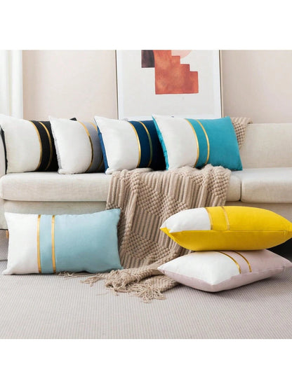 1/2pcs Blue & White Velvet Patchwork Gold Leather Striped Throw Pillow Cover, Square Cushion Case, Holiday Home Decor Pillow, Soft & Comfortable Fabric, Modern Decor For Sofa, Bedroom, Dorm