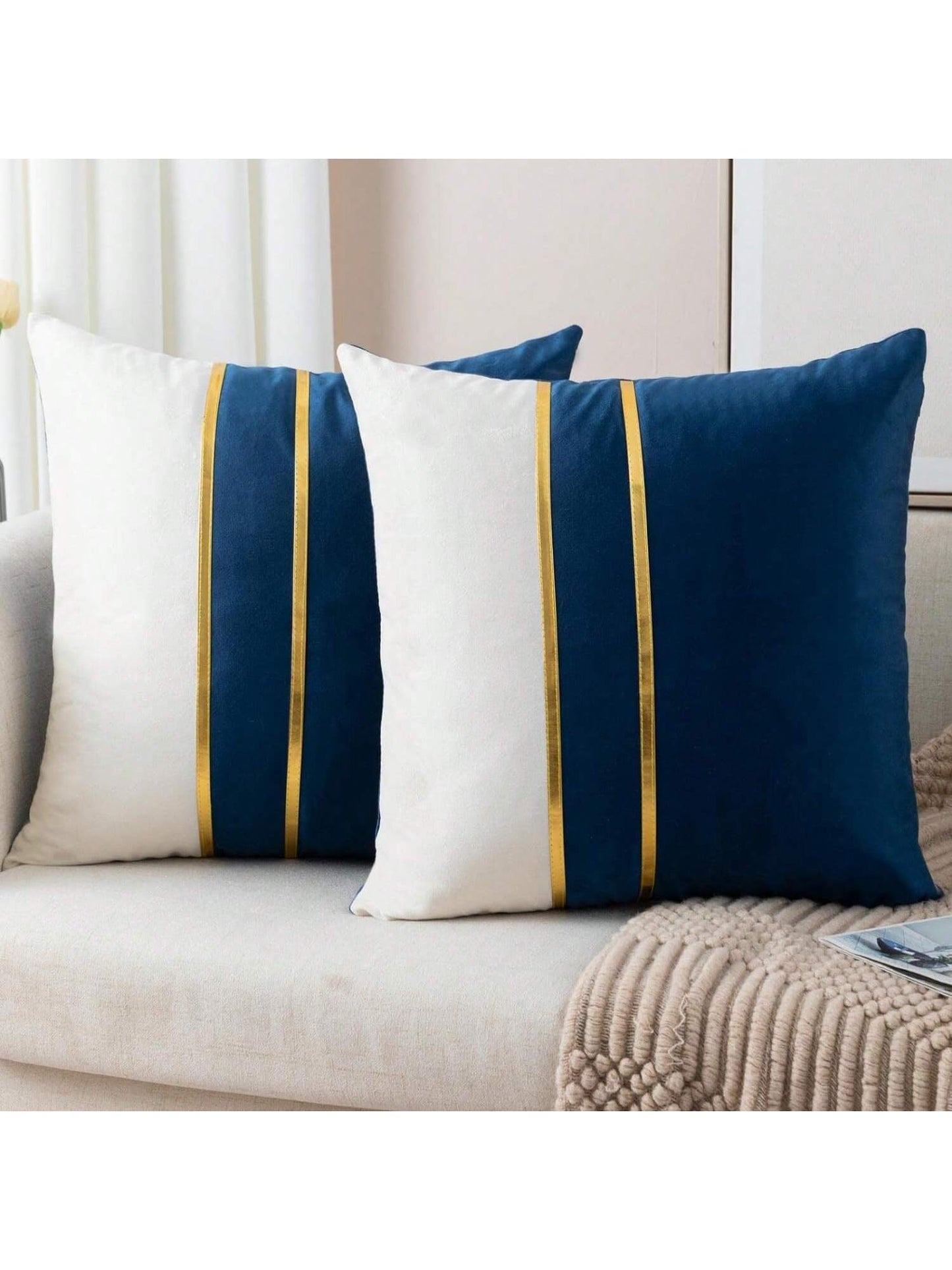 1/2pcs Blue & White Velvet Patchwork Gold Leather Striped Throw Pillow Cover, Square Cushion Case, Holiday Home Decor Pillow, Soft & Comfortable Fabric, Modern Decor For Sofa, Bedroom, Dorm