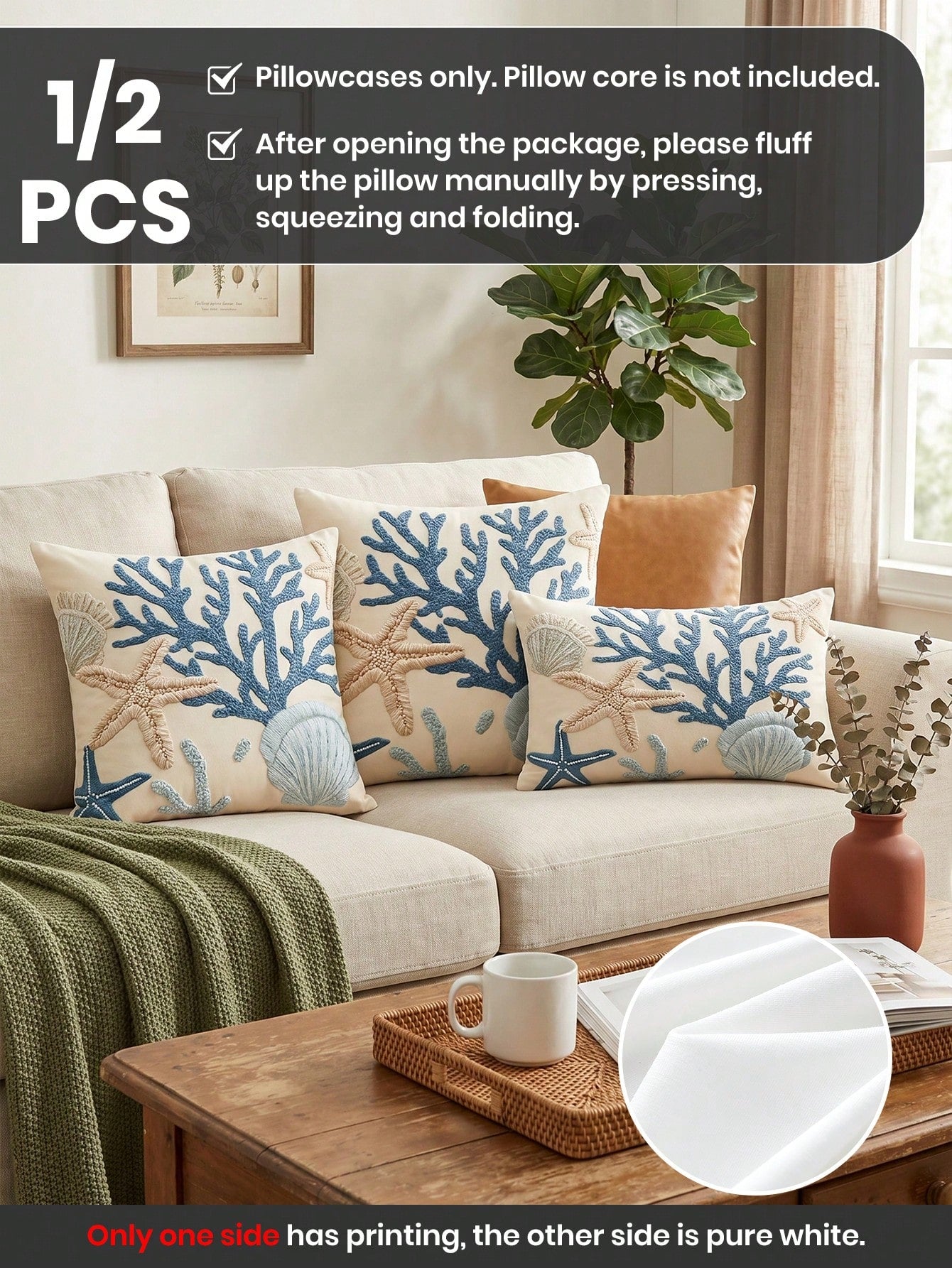 1/2pcs Fashion Coral Coast Style Pillowcase/Cushion Cover, Single-Sided Print, Breathable Anti-Pilling, Comfortable And Cozy, Machine Washable, Suitable For Sofa And Car Pillows, 45*45/50*50CM, Living