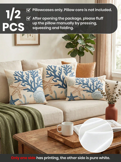 1/2pcs Fashion Coral Coast Style Pillowcase/Cushion Cover, Single-Sided Print, Breathable Anti-Pilling, Comfortable And Cozy, Machine Washable, Suitable For Sofa And Car Pillows, 45*45/50*50CM, Living