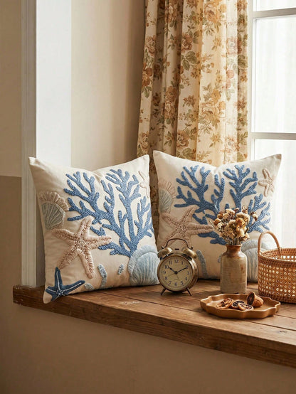 1/2pcs Fashion Coral Coast Style Pillowcase/Cushion Cover, Single-Sided Print, Breathable Anti-Pilling, Comfortable And Cozy, Machine Washable, Suitable For Sofa And Car Pillows, 45*45/50*50CM, Living