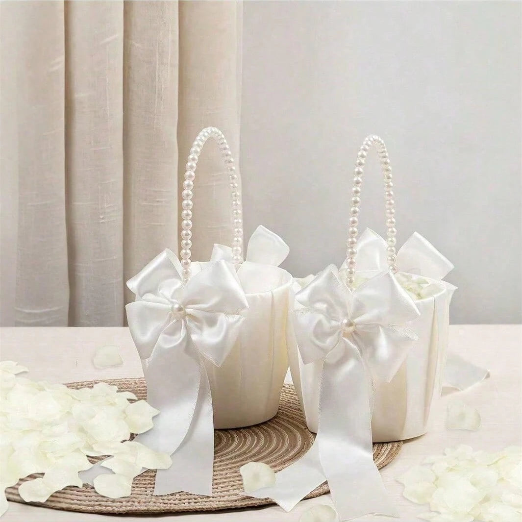 1/2pcs Flower Girl Basket&200pcs White Petals,Basket With Lovely Pearl Handle Bow,Satin Flower Basket Suitable For Wedding Ceremony Baby Shower Party
