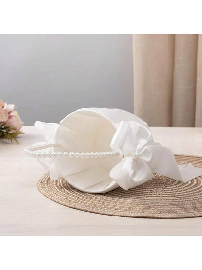 1/2pcs Flower Girl Basket&200pcs White Petals,Basket With Lovely Pearl Handle Bow,Satin Flower Basket Suitable For Wedding Ceremony Baby Shower Party