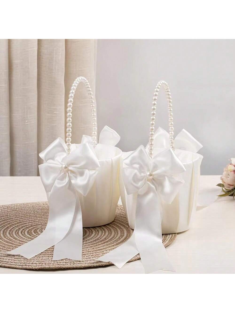 1/2pcs Flower Girl Basket&200pcs White Petals,Basket With Lovely Pearl Handle Bow,Satin Flower Basket Suitable For Wedding Ceremony Baby Shower Party