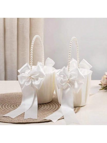 1/2pcs Flower Girl Basket&200pcs White Petals,Basket With Lovely Pearl Handle Bow,Satin Flower Basket Suitable For Wedding Ceremony Baby Shower Party