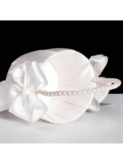 1/2pcs Flower Girl Basket&200pcs White Petals,Basket With Lovely Pearl Handle Bow,Satin Flower Basket Suitable For Wedding Ceremony Baby Shower Party