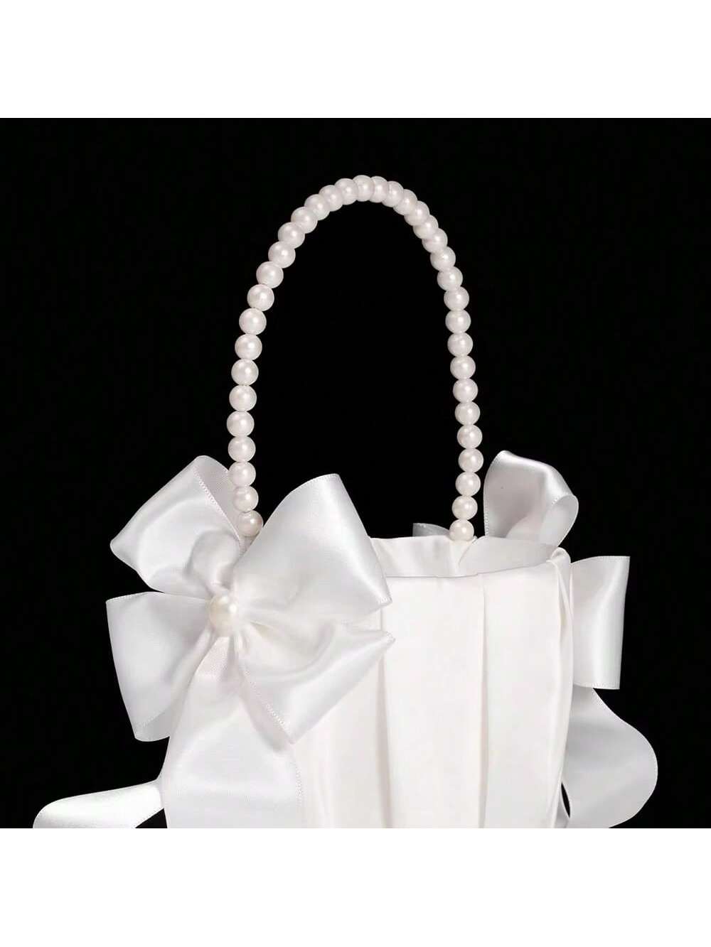1/2pcs Flower Girl Basket&200pcs White Petals,Basket With Lovely Pearl Handle Bow,Satin Flower Basket Suitable For Wedding Ceremony Baby Shower Party