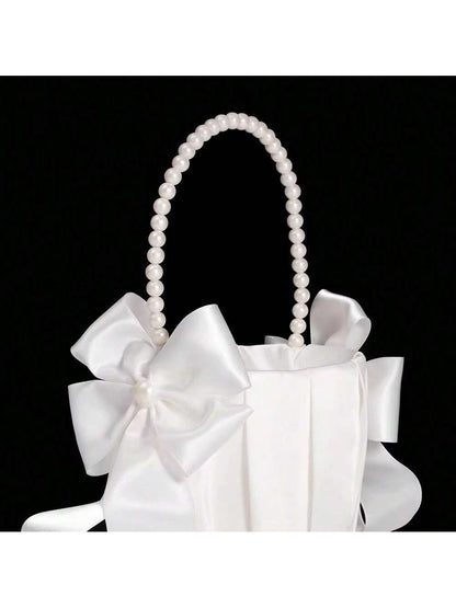 1/2pcs Flower Girl Basket&200pcs White Petals,Basket With Lovely Pearl Handle Bow,Satin Flower Basket Suitable For Wedding Ceremony Baby Shower Party