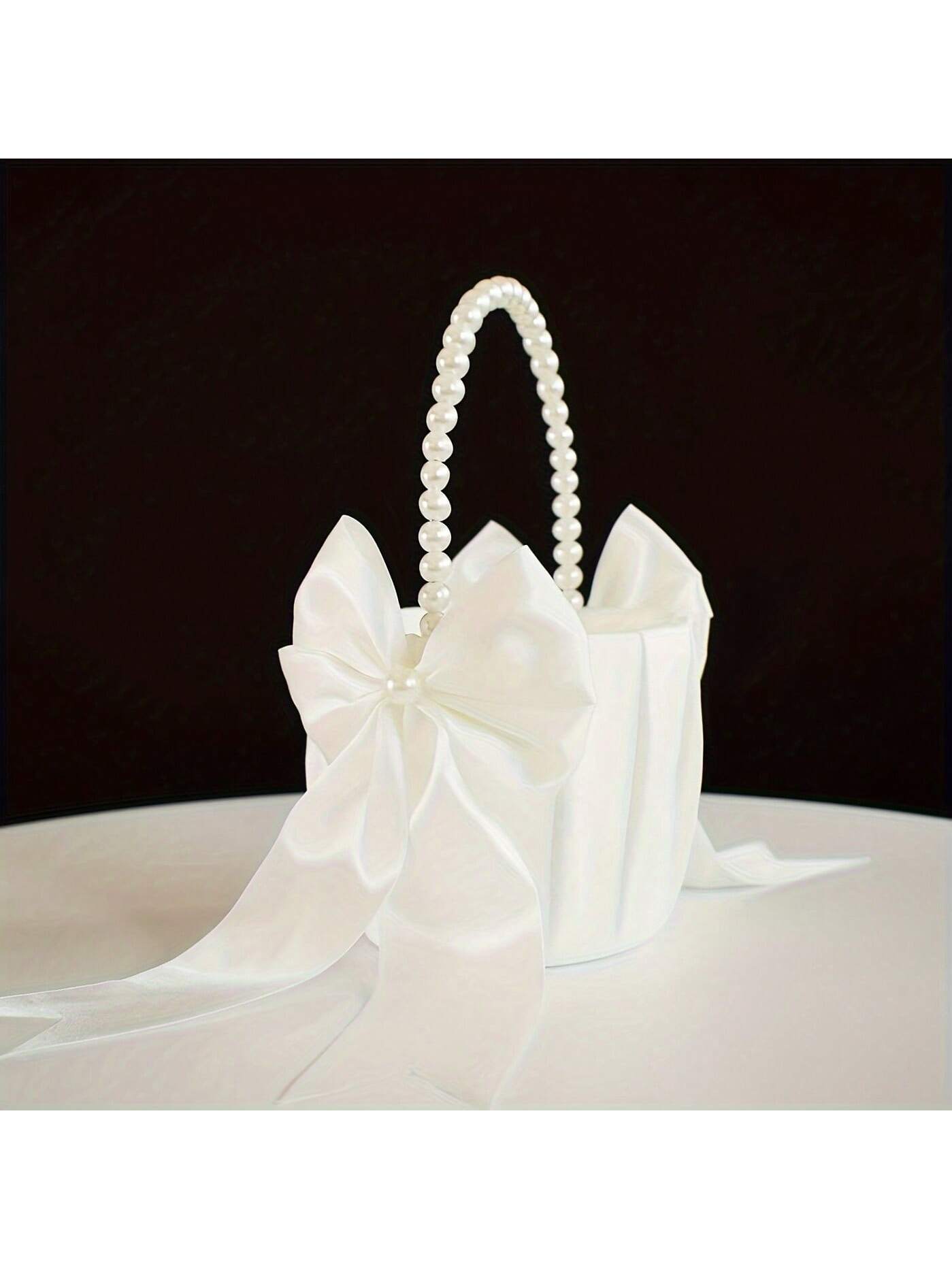 1/2pcs Flower Girl Basket&200pcs White Petals,Basket With Lovely Pearl Handle Bow,Satin Flower Basket Suitable For Wedding Ceremony Baby Shower Party