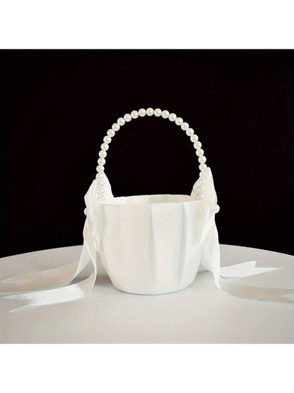 1/2pcs Flower Girl Basket&200pcs White Petals,Basket With Lovely Pearl Handle Bow,Satin Flower Basket Suitable For Wedding Ceremony Baby Shower Party