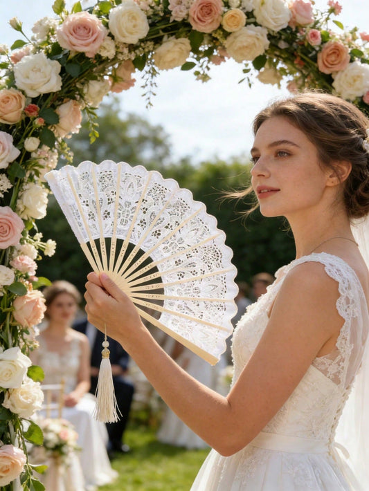 1/2pcs Lace Embroidered Folding Hand Fan, Vintage Wedding Fan- Elegant Floral Lace Decoration, Suitable For Bridal Party, Wedding Decor- Elegant Table Centerpiece Or Wedding Favor- Lightweight, Bri