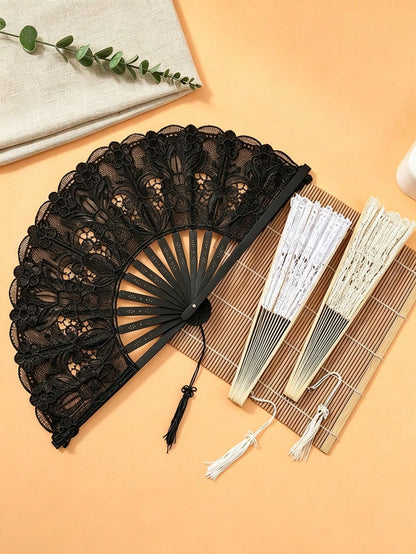 1/2pcs Lace Embroidered Folding Hand Fan, Vintage Wedding Fan- Elegant Floral Lace Decoration, Suitable For Bridal Party, Wedding Decor- Elegant Table Centerpiece Or Wedding Favor- Lightweight, Bri