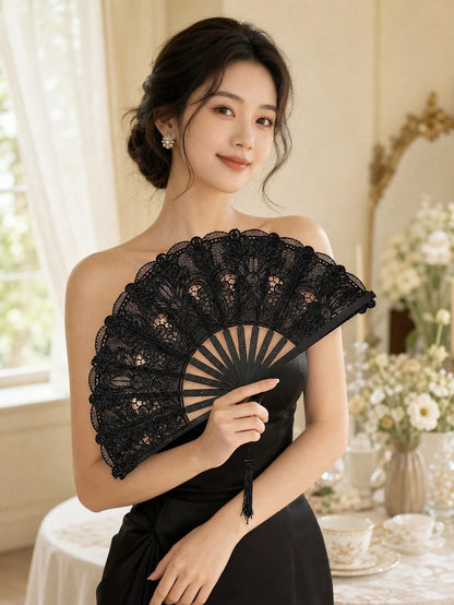 1/2pcs Lace Embroidered Folding Hand Fan, Vintage Wedding Fan- Elegant Floral Lace Decoration, Suitable For Bridal Party, Wedding Decor- Elegant Table Centerpiece Or Wedding Favor- Lightweight, Bri