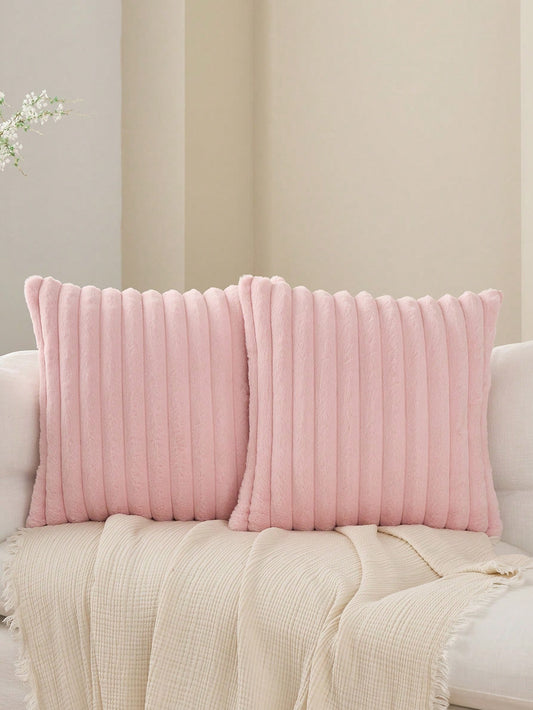 1/2pcs Solid Color Striped Faux Rabbit Fur Decorative Pillowcase, Reverse Side Dutch Velvet Fabric, Square Cushion Cover, Holiday Home Pillow Decor, Soft Comfortable Velvet Fabric, Modern Decorative S