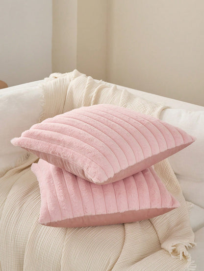 1/2pcs Solid Color Striped Faux Rabbit Fur Decorative Pillowcase, Reverse Side Dutch Velvet Fabric, Square Cushion Cover, Holiday Home Pillow Decor, Soft Comfortable Velvet Fabric, Modern Decorative S